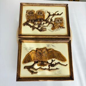 Vintage Ceramic Owl Plaque, Handcrafted Ceramic Owl Wall Art, Hand Painted Owls‎